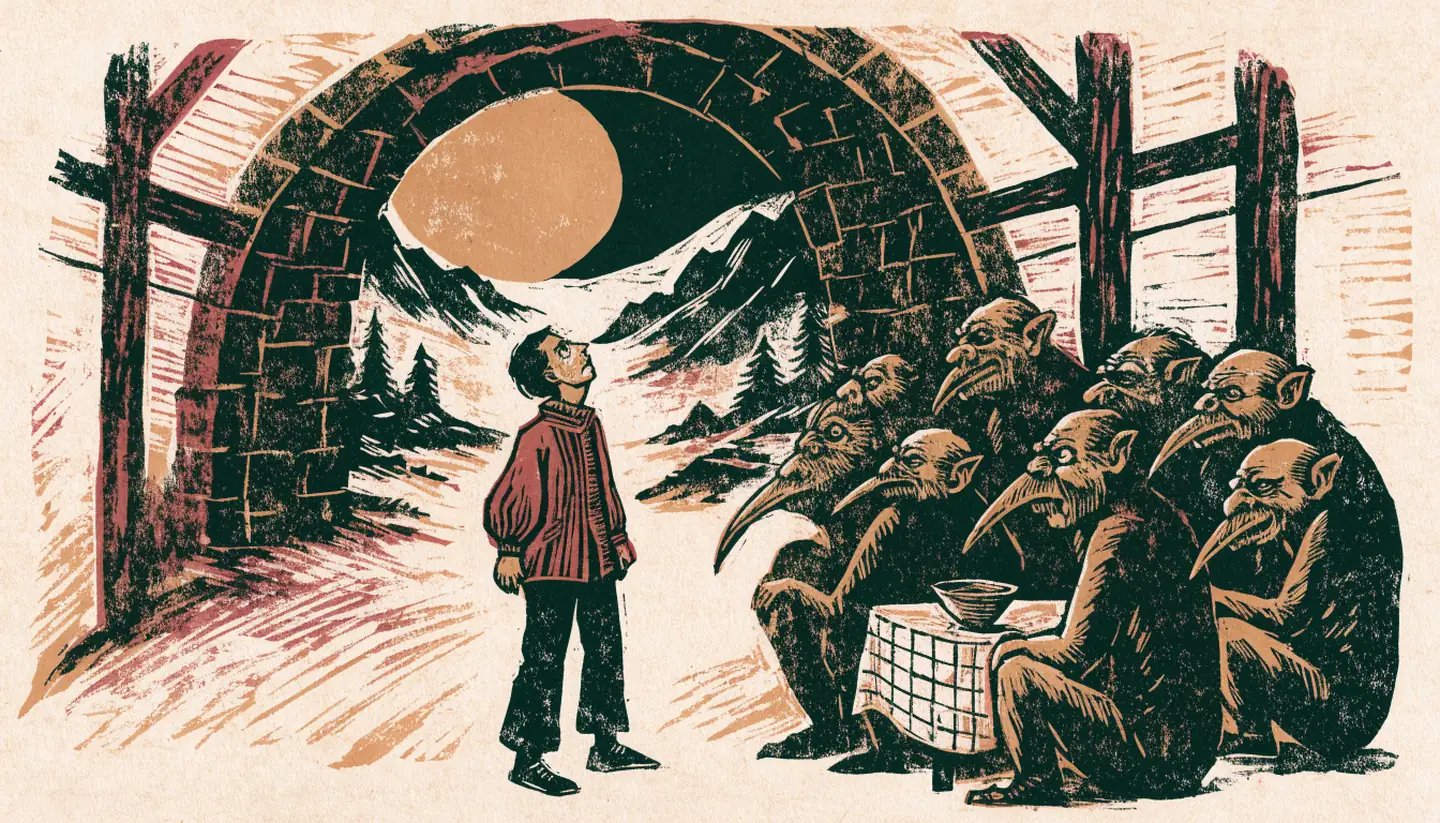 Illustrasjon: ung mann blant troll i en fjellhall, i stil med en gammel teaterplakat