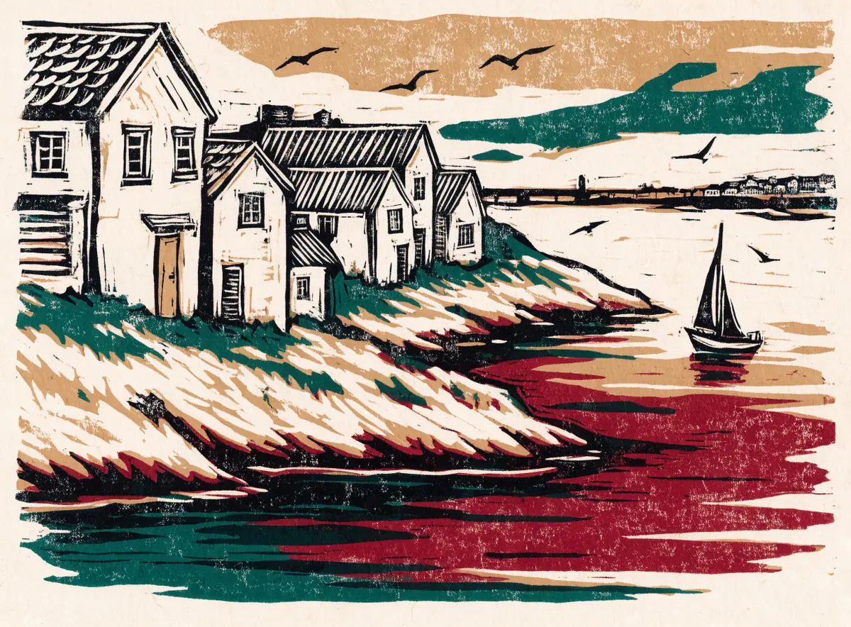Illustrasjon: hvite trehus ved en fjord med seilbåt og bro i det fjerne