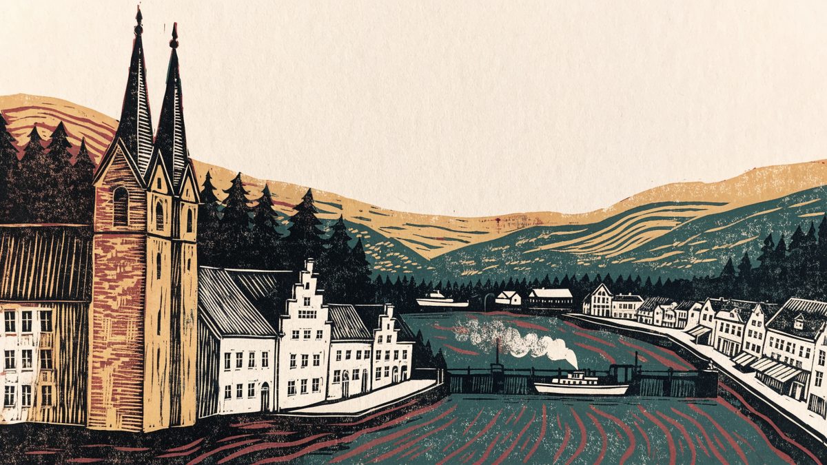 Illustrasjon av Skien med elva, slusene og kirken med to tårn